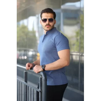 Erkek Hakim Yaka Dokuma Pamuklu Kumaş Kısa Kollu Tişört