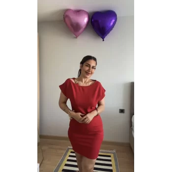 Kadın Kısa Kollu Tek Omuz Askı Ve Aksesuar Detay Beli Lastikli Krep Elbise