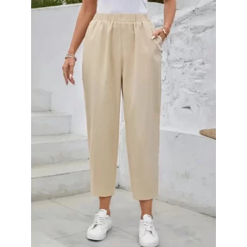 Kadın Yüksek Bel Yandan Cepli Düğme Detaylı Geniş Kesim Ithal Krep Pantolon
