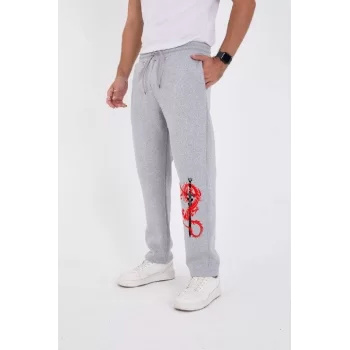Kışlık Üç İplik Baskılı Eşofman Pantolon - Gri