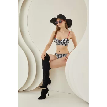 Luz&Pos Arias Closet Siyah Beyaz Desenli Kırmızı İp Askılı Lotus Bikini Takımı