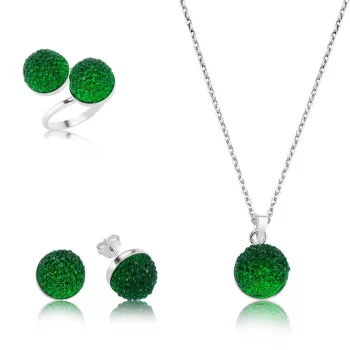Luz&Pos Gümüş Yeşil Kristal Bayan Set