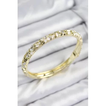 Mineli Pirinç Zirkon Taşlı Beyaz Çiçek Motifli Gold Kadın Kelepçe