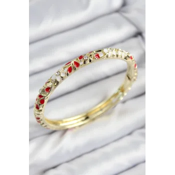 Mineli Pirinç Zirkon Taşlı Kırmızı Çiçek Motifli Gold Kadın Kelepçe