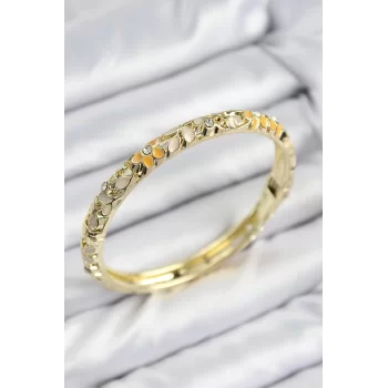 Mineli Pirinç Zirkon Taşlı Sarı Krem Çiçek Motifli Gold Kadın Kelepçe