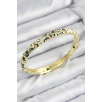 Mineli Pirinç Zirkon Taşlı Yeşil Krem Çiçek Motifli Gold Kadın Kelepçe
