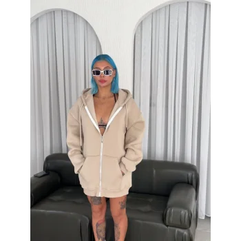 Oversize Tam Fermuarlı Uzun Kol Hırka - Bej