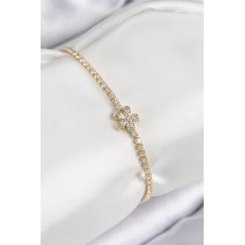 Pirinç Zirkon Taşlı Çiçek Model Gold Renk Kadın Bileklik