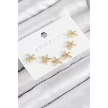 Pirinç Zirkon Taşlı Deniz Yıldızı Model Gold Renk 925 Ayar Gümüş Çivi Kadın Küpe Set
