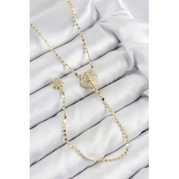 Pirinç Zirkon Taşlı Ezme Zincirli Madalyon Model Gold Renk Y Kolye
