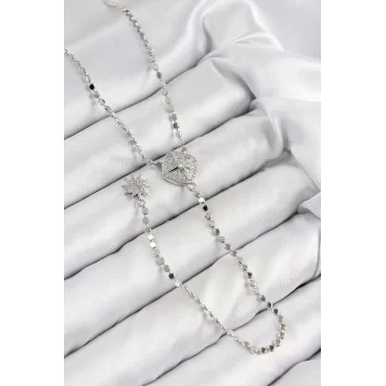 Pirinç Zirkon Taşlı Ezme Zincirli Madalyon Model Gümüş Renk Y Kolye