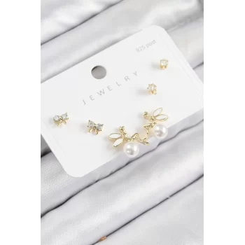 Pirinç Zirkon Taşlı İnci Melek Model Gold Renk 925 Ayar Gümüş Çivi Kadın Küpe Set