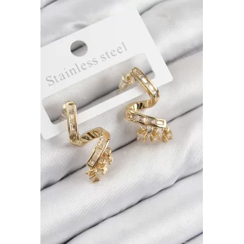 Pirinç Zirkon Taşlı Kıvrımlı Model Gold Renk Kadın Küpe