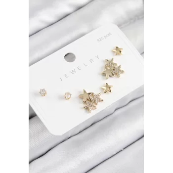 Pirinç Zirkon Taşlı Yıldız Model Gold Renk 925 Ayar Gümüş Çivi Kadın Küpe Set