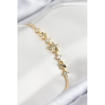 Pirinç Zirkon Taşlı Yıldız Model Gold Renk Kadın Bileklik