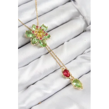 VIP Pirinç Zirkon Taşlı Çiçek Model Gold Renk Asansörlü Kadın Kolye