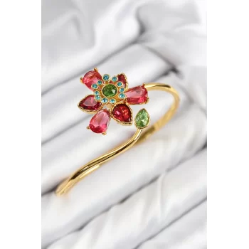 VIP Pirinç Zirkon Taşlı Çiçek Model Gold Renk Kadın Bileklik