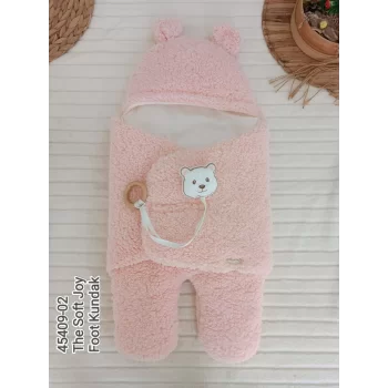 Luz&Pos Yenidoğan Kulaklı Şapkalı Açılır Kucaklı Cırt Kapamalı Ayaklı Bebek Battaniyesi Kundak Pembe