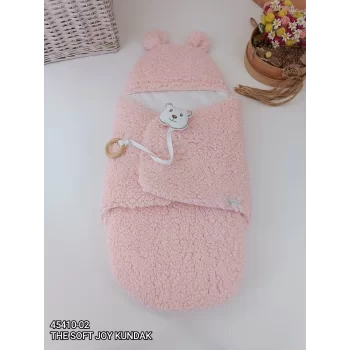 Luz&Pos Yenidoğan Kulaklı Şapkalı Açılır Kucaklı Cırt Kapamalı Bebek Battaniyesi Kundak Pembe