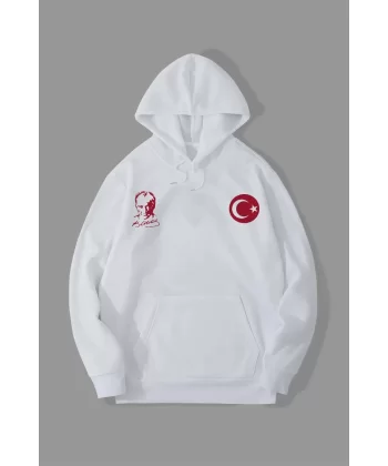 10 Kasıma Özel Üç İplik Kapüşonlu Baskılı SweatShirt - Beyaz