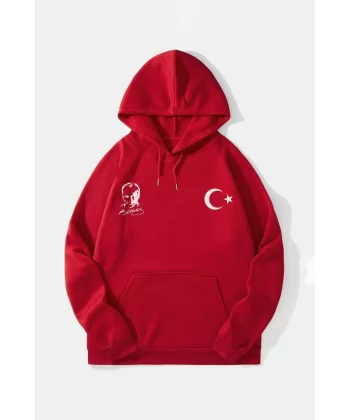 10 Kasıma Özel Üç İplik Kapüşonlu Baskılı SweatShirt - Kırmızı