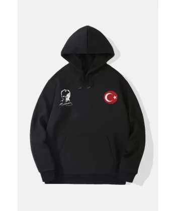 10 Kasıma Özel Üç İplik Kapüşonlu Baskılı SweatShirt - Siyah