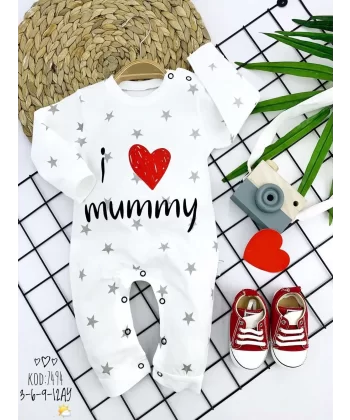 3-6-9-12 Ay Gümüş Yıldız I Love Mummy Baskılı Uzun Kollu Kız Erkek Bebek Tulumu