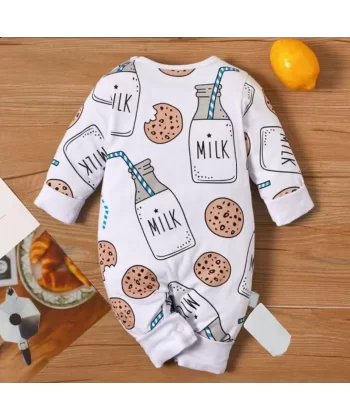 3-6-9-12 Ay Yaka Çıtçıtlı Milk Baskılı Uzun Kollu Kız Erkek Bebek Tulumu