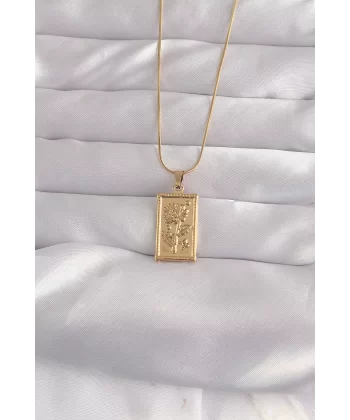 316L Çelik Gold Renk Çiçek Model Vintage Kolye