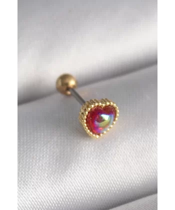 316L Çelik Gold Renk Kırmızı Mineli Kalp Tragus Piercing