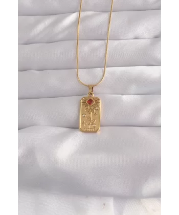 316L Çelik Gold Renk Kırmızı Zirkon Taşlı Gül Model Vintage Kolye