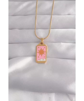 316L Çelik Gold Renk Pembe Mineli Güneş Model Tarot Kolye