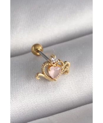 316L Çelik Gold Renk Pembe Mineli Kalp Zirkon Taş Detay Tragus Piercing