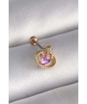 316L Çelik Gold Renk Pembe Mineli Kalp Zirkon Taş Detay Tragus Piercing