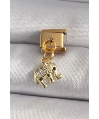 316L Çelik Gold Renk Sallantı Zirkon Taşlı Fil Model Nomination Charm