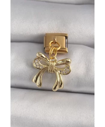 316L Çelik Gold Renk Sallantı Zirkon Taşlı Fiyonk Model Nomination Charm