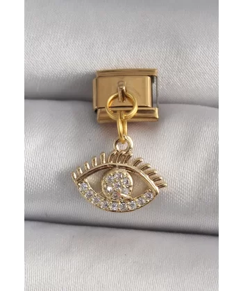 316L Çelik Gold Renk Sallantı Zirkon Taşlı Göz Model Nomination Charm