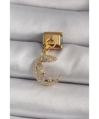 316L Çelik Gold Renk Sallantı Zirkon Taşlı Hilal Model Nomination Charm