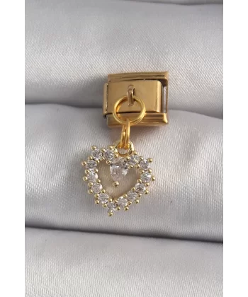 316L Çelik Gold Renk Sallantı Zirkon Taşlı Kalp Model Nomination Charm