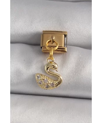 316L Çelik Gold Renk Sallantı Zirkon Taşlı Kuğu Model Nomination Charm