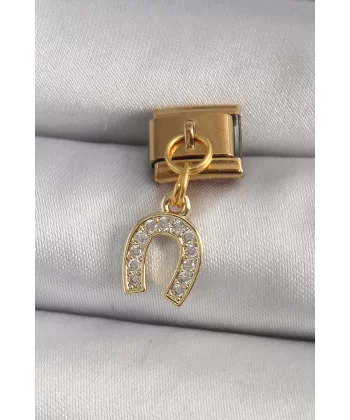 316L Çelik Gold Renk Sallantı Zirkon Taşlı Nal Model Nomination Charm