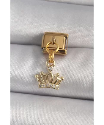 316L Çelik Gold Renk Sallantı Zirkon Taşlı Taç Model Nomination Charm