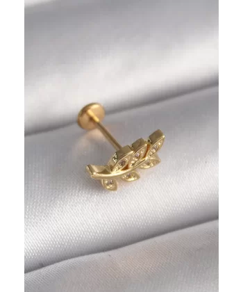 316L Çelik Gold Renk Zirkon Taş Detaylı Yaprak Model Tragus Piercing