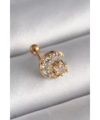 316L Çelik Gold Renk Zirkon Taşlı Ay Yıldız Tragus Piercing