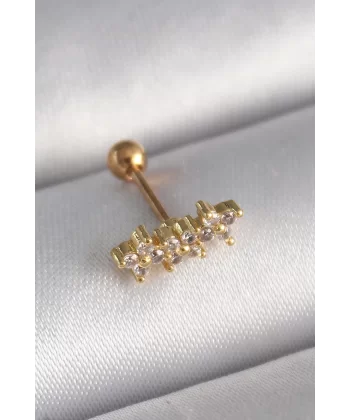 316L Çelik Gold Renk Zirkon Taşlı Yonca Tragus Piercing