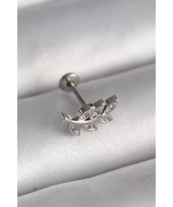 316L Çelik Gümüş Renk Dal Model Zirkon Taş Detaylı Tragus Piercing