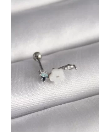 316L Çelik Gümüş Renk Zirkon Taş Detay Beyaz Çiçek Model Tragus Piercing