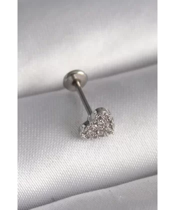 316L Çelik Gümüş Renk Zirkon Taşlı Kalp Model Tragus Piercing