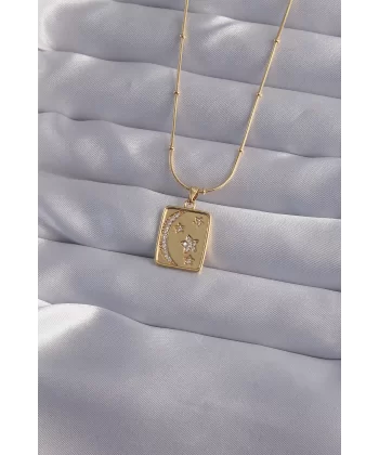 316L Çelik Zincir Gold Renk Zirkon Taşlı Ay Yıldız Figürlü Tarot Kolye