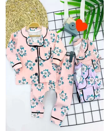 9-12-18-24 Ay Çiçek Baskılı Düğme Kapamalı 2li Kız Erkek Bebek Pijama Takımı